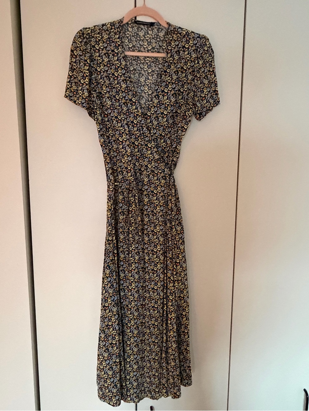 Midi wrap Dress in navy with Yellow and blue Floral